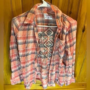 JUSTICE Light Orange Plaid Button Down Long Sleeve
